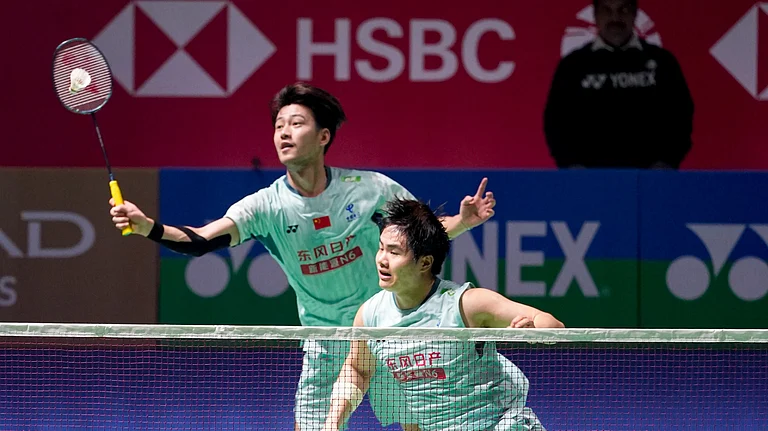 Badminton players in action at the India Open Super 750 tournament in New Delhi. - PTI