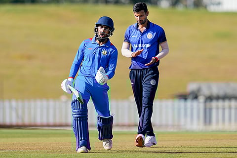Vidarbha’s Atharva Taide, left, celebrates his century during the Vijay Hazare Trophy final cricket match between Vidarbha and Saurashtra, at the BCCI Centre of Excellence ground in Bengaluru.