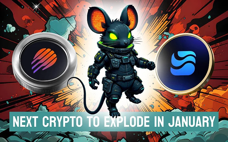 Futuristic mouse mascot and crypto logos