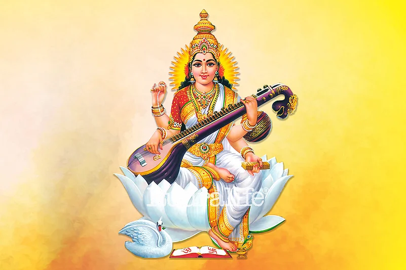 Illustration of Goddess Saraswati playing the veena