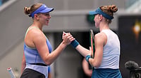 AP/Dita Alangkara : Amanda Anisimova, left, of the U.S. is congratulated by Simona Waltert of Switzerland following their first round match.