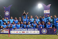 | Photo: PTI/Shailendra Bhojak : Vidarbha's players pose with the trophy after winning the Vijay Hazare Trophy 2025-26, at BCCI Centre of Excellence, in Bengaluru, Karnataka.
