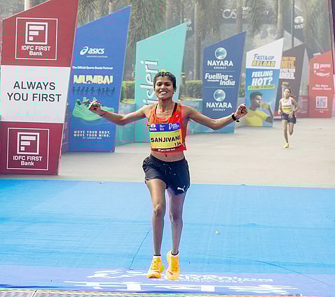 Indian elite women’s winner Sanjivani Jadhav at the finish line  