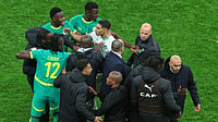 AFCON 2025: Senegal Crowned African Champions In Chaotic Final Overshadowed By Morocco Controversy | Photo: AP/Youssef Loulidi : Morocco's Achraf Hakimi, center, clashes with Senegal players after a controversial penalty was awarded to Morocco late on during the Africa Cup of Nations final soccer match between Senegal and Morocco in Rabat, Morocco, Sunday, Jan. 18, 2026.