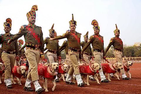 Police personnel during rehearsals for the upcoming Republic Day parade, in Bhopal.