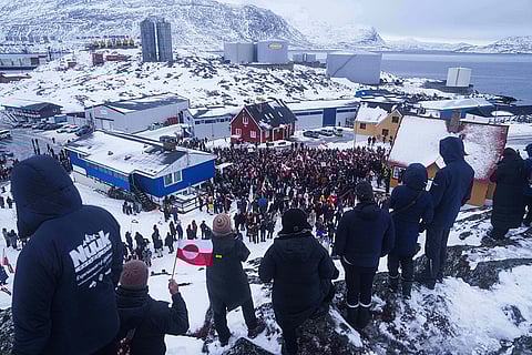 People protest against Trump's policy towards Greenland in front of US consulate in Nuuk, Greenland.
