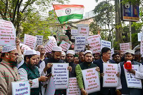 Members of the Muslim community participate in a protest march against the ongoing special intensive revision (SIR) of electoral rolls in West Bengal, in Kolkata.