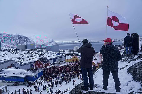 People protest against Trump's policy towards Greenland in front of US consulate in Nuuk, Greenland.