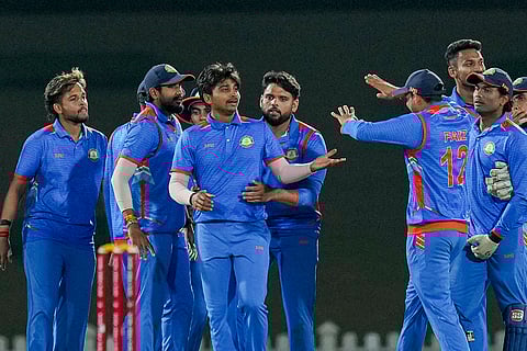 Vidarbha's Darshan Nalkande with teammates celebrates after taking the wicket of Saurashtra's Sammar Gajjar during the Vijay Hazare Trophy final cricket match between Vidarbha and Saurashtra, at the BCCI Centre of Excellence ground in Bengaluru.