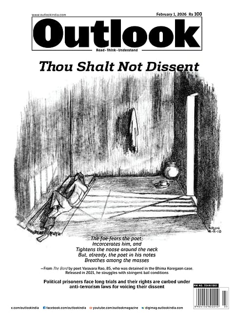 An alternate cover featuring an artwork titled 'Cell Alone' from Colours of the Cage: A Prison Memoir by activist and lawyer Arun Ferreira which he wrote during his imprisonment in 2007. He was arrested under the UAPA in 2007 owing to his links with the Naxalite Movement. Acquitted in 2011, he was again arrested in 2018 accused of having connections to the Bhima Koregaon violence case. He was granted bail by the Supreme Court in 2023.