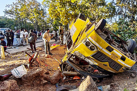 Wreckage of a bus after it overturned at Orsa valley, in Latehar district. At least seven people were killed and over 80 others injured after the bus, carrying wedding guests, overturned. 