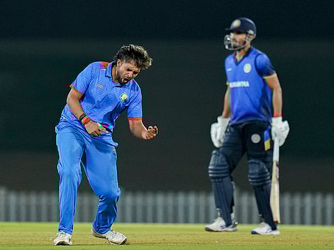 Vidarbha's Harsh Dubey celebrates after taking the wicket of Saurashtra's Prerak Mankad during the Vijay Hazare Trophy 2025-26 final cricket match between Vidarbha and Saurashtra, at BCCI Centre of Excellence, in Bengaluru, Karnataka.