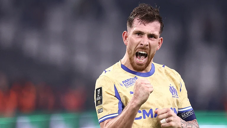 Marseille midfielder Pierre-Emile Hojbjerg celebrating a goal. - null