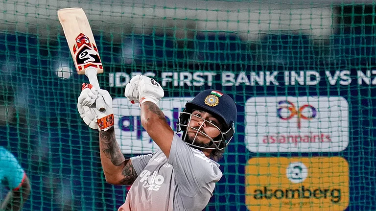 Ishan Kishan bats during a practice session ahead of the first T20 match between India and New Zealand, at Vidarbha Cricket Association Stadium in Nagpur. - PTI