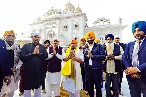 Newly elected BJP National President Nitin Nabin with Delhi party President Virendra Sachdeva and cabinet ministers Parvesh Sahib Singh and Manjinder Singh Sirsa during a visit at Gurdwara Bangla Sahib, in New Delhi. 