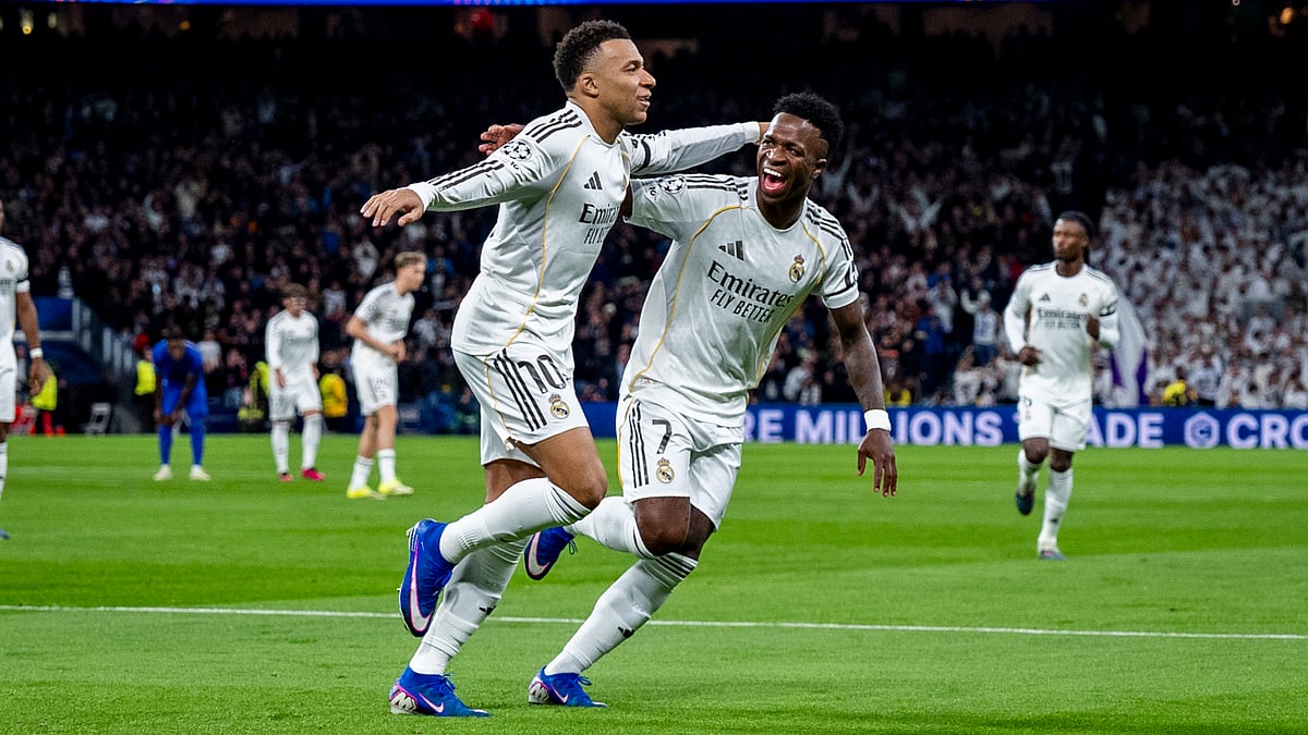 Kylian Mbappe and Vinicius Junior celebrate the former's opening goal - null