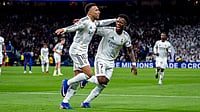 Kylian Mbappe and Vinicius Junior celebrate the former's opening goal
