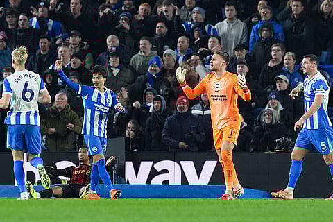 Brighton and Hove Albion goalkeeper Bart Verbruggen reacts after a penalty decision during the English Premier League match between Brighton & Hove Albion and AFC Bournemouth in Brighton and Hove, England.
