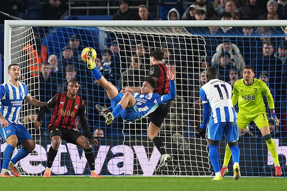 Brighton and Hove Albion's Charalampos Kostoulas scores his side's first goal during the English Premier League match between Brighton & Hove Albion and AFC Bournemouth in Brighton and Hove, England. - | Photo: Gareth Fuller/PA via AP