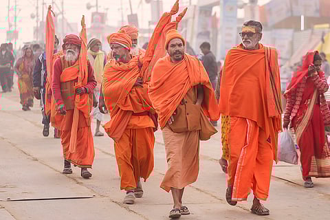 'Sadhus' arrive to attend the ongoing Magh Mela 2026, in Prayagraj, Uttar Pradesh.