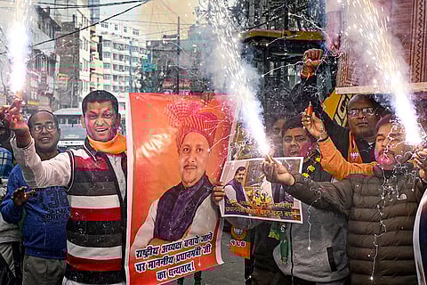 BJP workers and supporters celebrate after party leader Nitin Nabin was sworn-in as the party's new National President, in Patna.