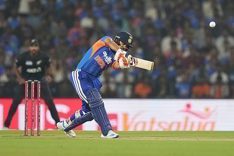 India's Ishan Kishan plays a shot during the first T20 cricket match between India and New Zealand in Nagpur, India.