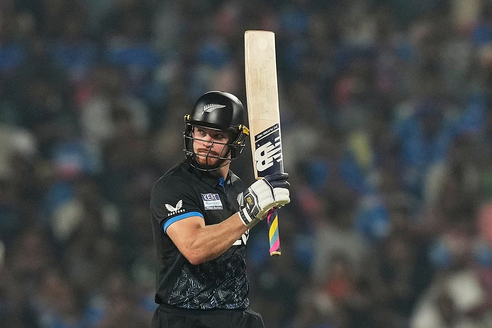 New Zealands Glenn Phillips celebrates after scoring fifty runs 
