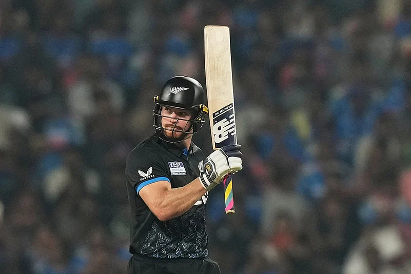 New Zealands Glenn Phillips celebrates after scoring fifty runs