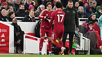 | Photo: AP/Jon Super : Liverpool's Curtis Jones (17) shakes hands with Federico Chiesa after being substituted during the English Premier League soccer match between Liverpool and Burnley in Liverpool, England, Saturday, Jan. 17, 2026.