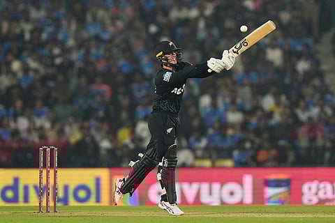 New Zealand's Mark Chapman plays a shot during the first T20 cricket match between India and New Zealand in Nagpur, India.