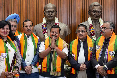 BJP's newly elected national president Nitin Nabin, center, during a meeting with party office bearers and state presidents at the party headquarters, in New Delhi. Also seen, BJP National General Secretary Tarun Chugh, National General Secretary Radha Mohan Das Agarwal, MP Aparajita Sarangi and others. 