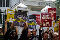 Over 300 Journalists Jailed Worldwide For Fifth Straight Year: CPJ Shutterstock : Bandung, Indonesia - May 29 2024: Journalists take part in a protest against the latest draft revision of the broadcasting rules.