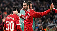 Marseille 0-3 Liverpool Highlights, UEFA Champions League: Szoboszlai Shines As Reds Seal Comfortable Win | Photo: AP/Philippe Magoni : Liverpool's Jeremie Frimpong Dominik Szoboszlai celebrate after Marseille's goalkeeper Geronimo Rulli scored an own goal during the Champions League opening phase match on Wednesday, January 21, 2026.