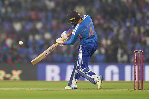 India's Abhishek Sharma plays a shot during the first T20 cricket match between India and New Zealand in Nagpur, India.
