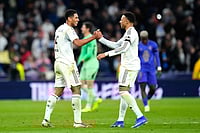| Photo: AP/Jose Breton : Real Madrid's Kylian Mbappe and Jude Bellingham at the end of the Champions League opening phase soccer match between Real Madrid and Monaco in Madrid.