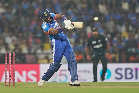 India's Hardik Pandya plays a shot during the first T20 cricket match between India and New Zealand in Nagpur.