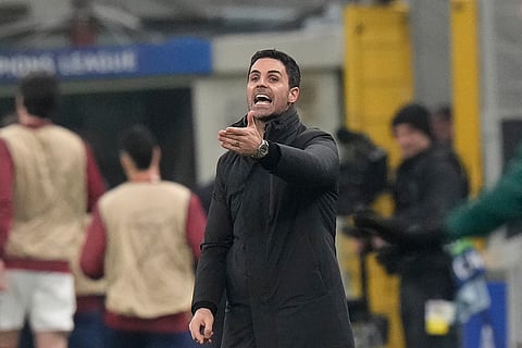 Arsenal's manager Mikel Arteta gives instructions during the Champions League opening phase soccer match between Inter Milan and Arsenal in Milan, Italy.