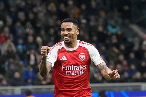 Arsenal's Gabriel Jesus celebrates after scoring his side's second goal during the Champions League opening phase soccer match between Inter Milan and Arsenal in Milan, Italy.