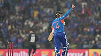 (AP Photo/Mahesh Kumar A.) : India's Abhishek Sharma celebrates after scoring fifty runs during the first T20 cricket match between India and New Zealand in Nagpur, India, Wednesday, Jan. 21, 2026.