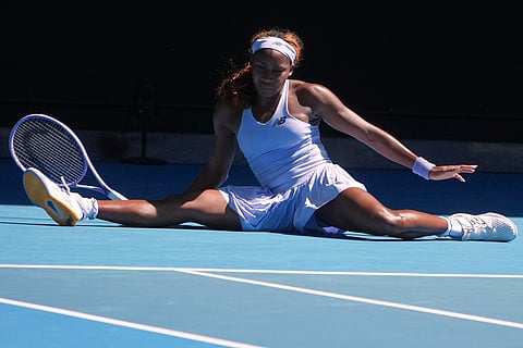 Coco Gauff of the U.S. falls during her second round match against Olga Danilovic of Serbia at the Australian Open tennis championship in Melbourne, Australia.