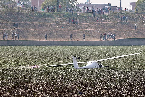 An Indian Air Force training aircraft crashes into a pond during a training session, in Prayagraj.