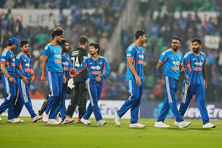 Indian players celebrate after their win in the first T20 cricket match against New Zealand in Nagpur, India. - | Photo: AP/Mahesh Kumar A.