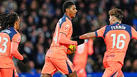 | Photo: AP/Miguel Oses : Barcelona's Marcus Rashford, centre, celebrates after scoring his side's opening goal during the Spanish La Liga soccer match between Real Sociedad and Barcelona in San Sebastian, Spain, Sunday, Jan. 18, 2026.