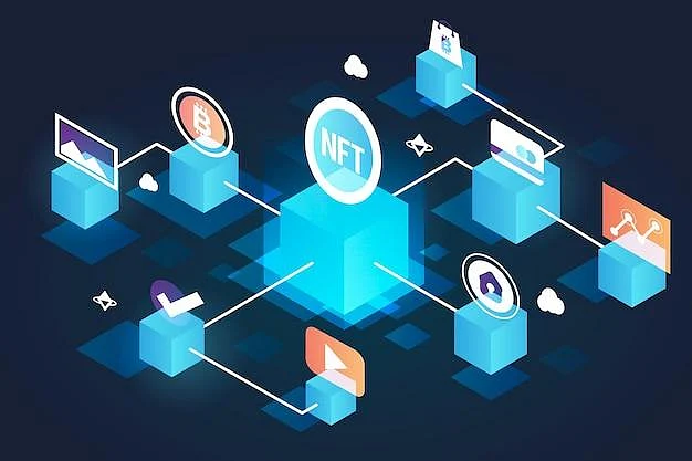 Isometric diagram of an NFT network connecting various digital assets