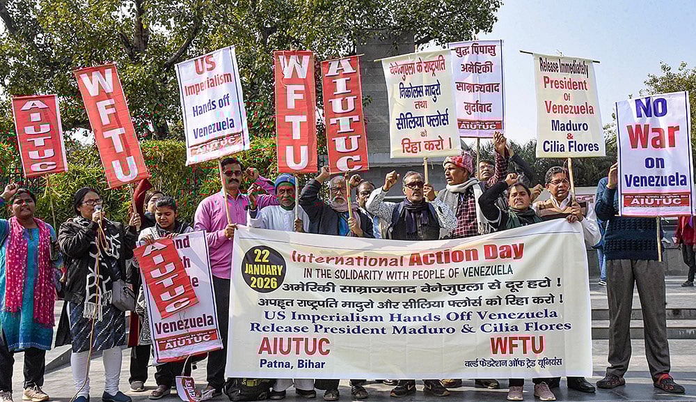 AIUTUC, WFTU activists protest US strikes in Venezuela