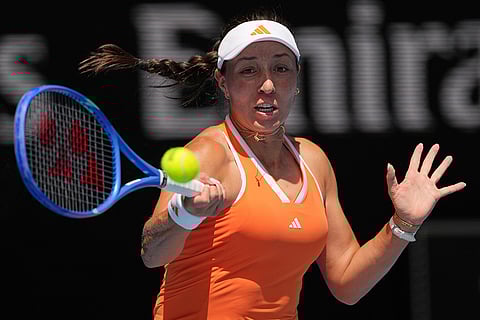 Jessica Pegula of the U.S. plays a forehand return to to compatriot McCartney Kessler during their second round match at the Australian Open tennis championship in Melbourne, Australia.