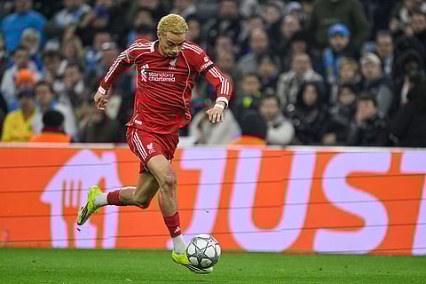 Liverpool's Hugo Ekitike controls the ball during the Champions League opening phase soccer match between Marseille and Liverpool in Marseille, France.