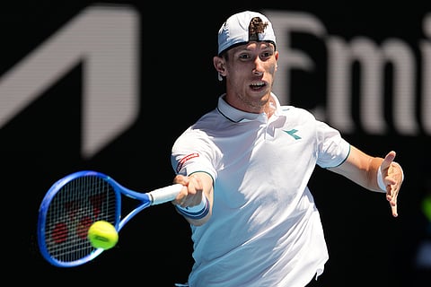 Francesco Maestrelli of Italy plays a forehand return to Novak Djokovic of Serbia during their second round match at the Australian Open tennis championship in Melbourne, Australia.