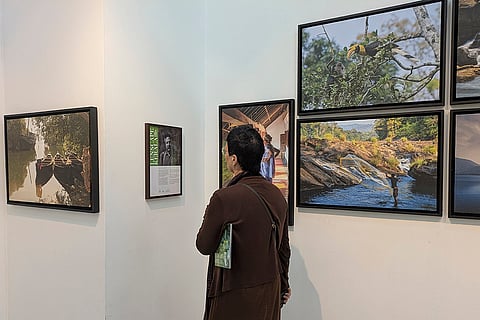 A visitor at a photo exhibition called, Lenscape Kerala, featuring Kerala's wildlife, culture, traditions, and buildings, at Travancore Palace in New Delhi. 