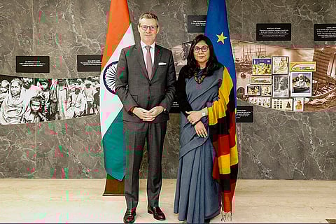 European Union Ambassador to India Herve Delphin, left, and MEA Joint Secretary Priyanka Chauhan during the first meeting of the Joint Steering Committee (JSC) for India-EU Trilateral Cooperation, in New Delhi. 